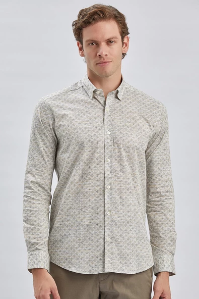 Bej Uzun Kollu Baskılı Biritli Yaka Cepsiz Pamuklu Klasik Slim Fit Dar Kesim Gömlek 1004240213 - Resim 3