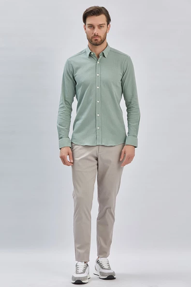 Açık Yeşil Uzun Kollu Biritli Yaka Biyeli Pamuklu Likralı Casual Slim Fit Gömlek 1004240232