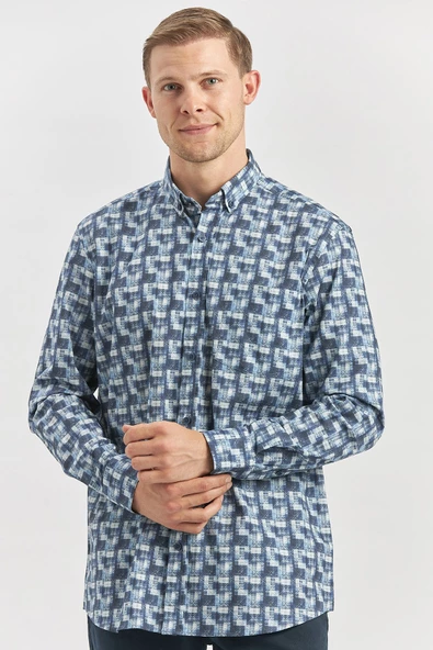 Koyu Lacivert Uzun Kol Kendinden BASKILI Perfectto Classic Comfort Fit Gömlek 1004240251 - Resim 2