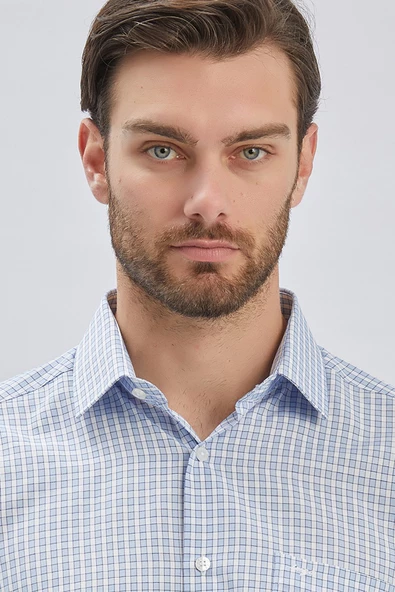 Koyu Mavi Uzun Kollu Ekoseli Cepli Pamuklu Klasik Comfort Fit Rahat Kesim Gömlek 1004240224 - Resim 6