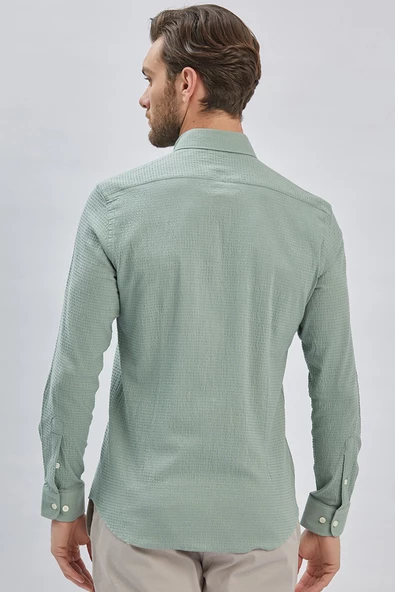 Açık Yeşil Uzun Kollu Biritli Yaka Biyeli Pamuklu Likralı Casual Slim Fit Gömlek 1004240232 - 5