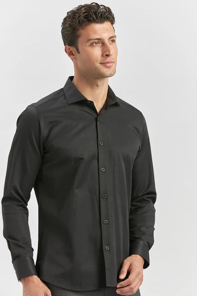 Siyah Uzun Kol Düz Bez Ayağı Yarım İtalyan Yaka Classic Slim Fit Gömlek 1004240268 - Resim 2