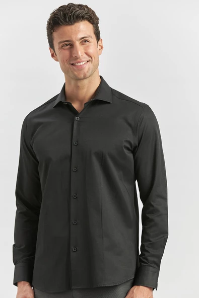 Siyah Uzun Kol Düz Bez Ayağı Yarım İtalyan Yaka Classic Slim Fit Gömlek 1004240268 ürün görseli