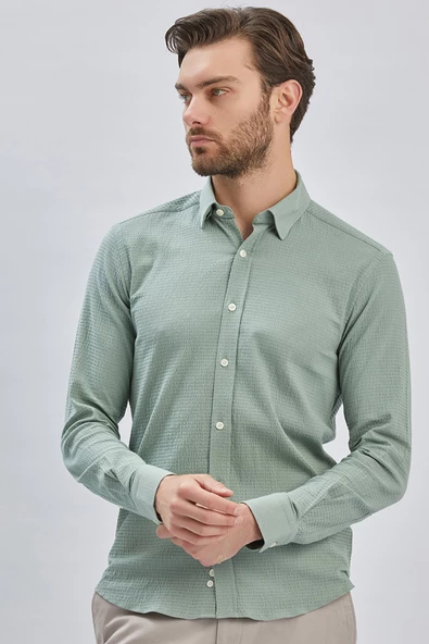 Açık Yeşil Uzun Kollu Biritli Yaka Biyeli Pamuklu Likralı Casual Slim Fit Gömlek 1004240232 - 2