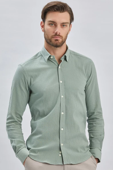 Açık Yeşil Uzun Kollu Biritli Yaka Biyeli Pamuklu Likralı Casual Slim Fit Gömlek 1004240232 - 3