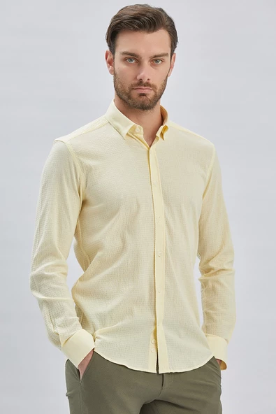 Sarı Uzun Kollu Biritli Yaka Biyeli Pamuklu Likralı Casual Slim Fit Dar Kesim Gömlek 1004240232 - Resim 5