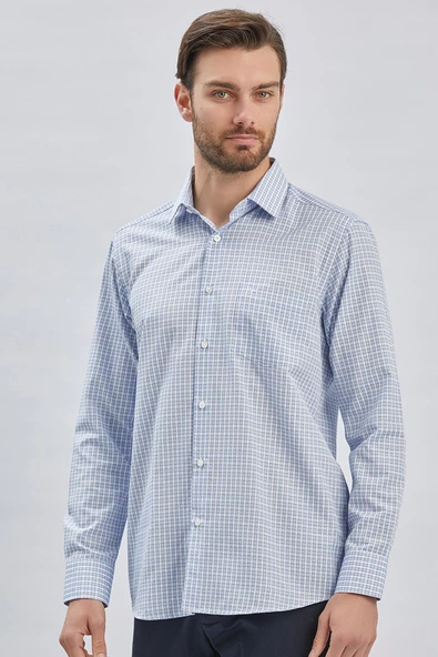 Koyu Mavi Uzun Kollu Ekoseli Cepli Pamuklu Klasik Comfort Fit Rahat Kesim Gömlek 1004240224 - Resim 3