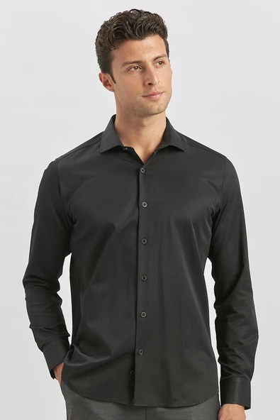 Siyah Uzun Kol Düz Bez Ayağı Yarım İtalyan Yaka Classic Slim Fit Gömlek 1004240268 - Resim 5