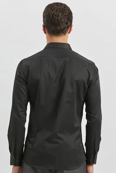 Siyah Uzun Kol Düz Bez Ayağı Yarım İtalyan Yaka Classic Slim Fit Gömlek 1004240268 - Resim 6