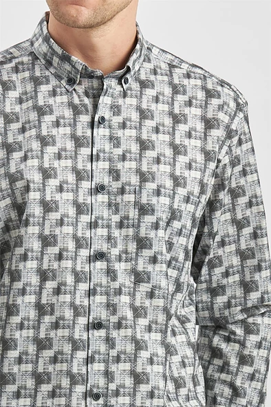 Gri Uzun Kol Kendinden Desenli BASKILI Perfectto Düğmeli Yaka Classic Comfort Fit Gömlek 1004240251 - Resim 4