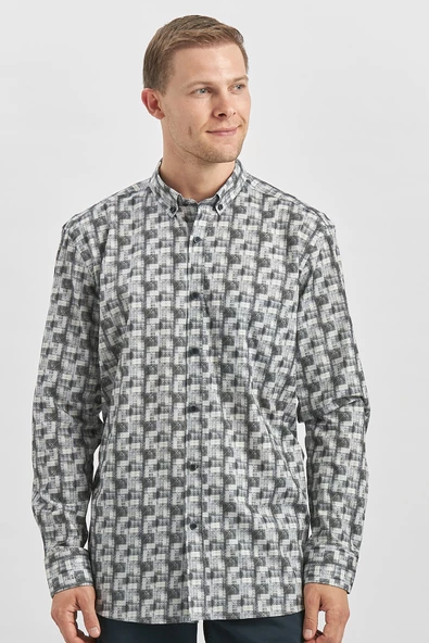 Gri Uzun Kol Kendinden Desenli BASKILI Perfectto Düğmeli Yaka Classic Comfort Fit Gömlek 1004240251 - Resim 3