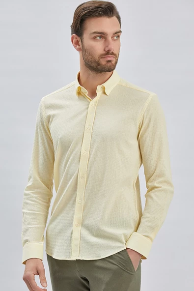 Sarı Uzun Kollu Biritli Yaka Biyeli Pamuklu Likralı Casual Slim Fit Dar Kesim Gömlek 1004240232 - Resim 4
