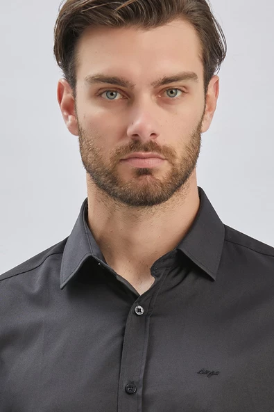 Siyah Uzun Kollu Sert Yaka Cepsiz Pamuklu Likralı Klasik Slim Fit Dar Kesim Gömlek 1004240234 - Resim 6