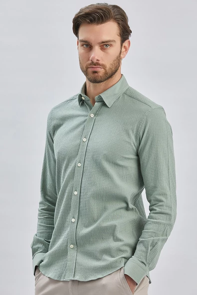Açık Yeşil Uzun Kollu Biritli Yaka Biyeli Pamuklu Likralı Casual Slim Fit Gömlek 1004240232 - 4