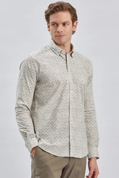 Bej Uzun Kollu Baskılı Biritli Yaka Cepsiz Pamuklu Klasik Slim Fit Dar Kesim Gömlek 1004240213 - Resim 4