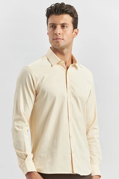 Açık Bej Uzun Kol Düz Bez Ayağı 032 Sert Yaka Classic Slim Fit Gömlek 1004240334 - Resim 2