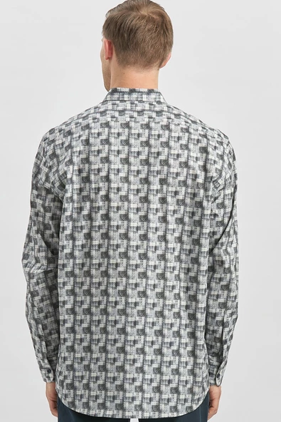 Gri Uzun Kol Kendinden Desenli BASKILI Perfectto Düğmeli Yaka Classic Comfort Fit Gömlek 1004240251 - Resim 6