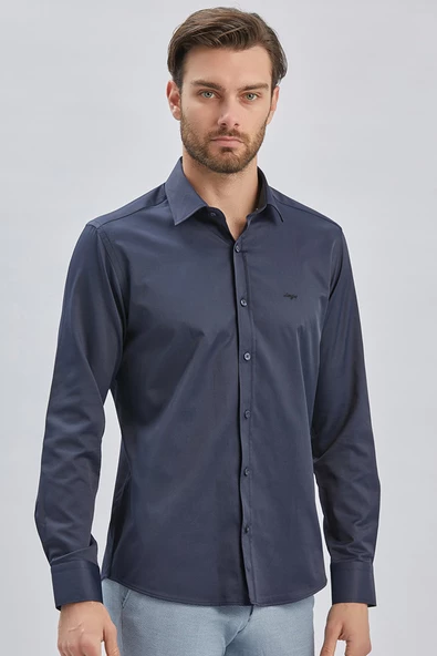 Lacivert Uzun Kollu Sert Yaka Cepsiz Pamuklu Likralı Klasik Slim Fit Dar Kesim Gömlek 1004240234