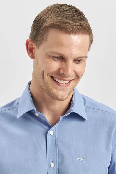 Mavi Uzun Kol Düz Filafil Sert Yaka Cepsiz Pamuklu Classic Slim Fit Gömlek 1004240913 - Resim 6