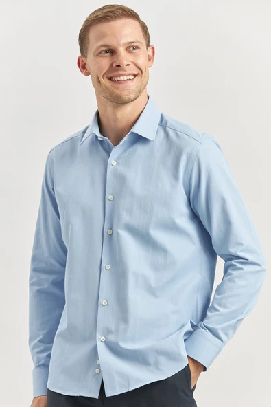 Mavi Uzun Kol Düz Bez Ayağı 041 Sert Yaka Classic Slim Fit Gömlek 1004240267