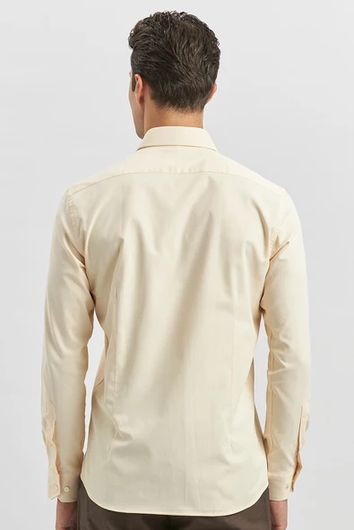 Açık Bej Uzun Kol Düz Bez Ayağı 032 Sert Yaka Classic Slim Fit Gömlek 1004240334 - Resim 6