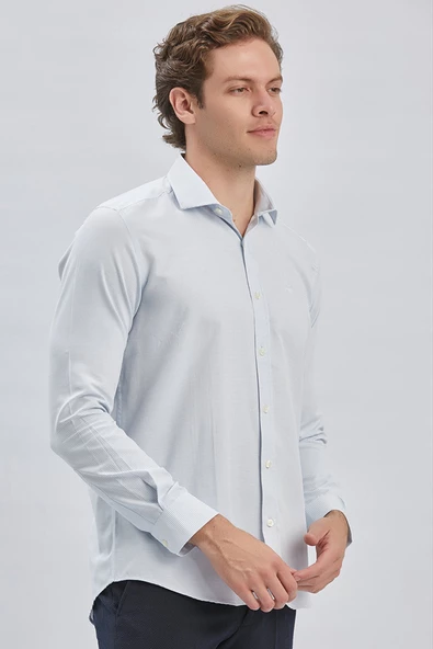 Koyu Lacivert Uzun Kollu Cepsiz Pamuklu Klasik Slim Fit Gömlek 1004240236 - Resim 3