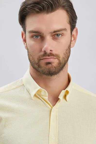 Sarı Uzun Kollu Biritli Yaka Biyeli Pamuklu Likralı Casual Slim Fit Dar Kesim Gömlek 1004240232 - Resim 6