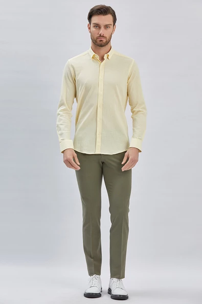 Sarı Uzun Kollu Biritli Yaka Biyeli Pamuklu Likralı Casual Slim Fit Dar Kesim Gömlek 1004240232 - Resim 3