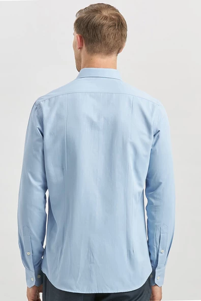 Mavi Uzun Kol Düz Bez Ayağı Yarım İtalyan Yaka Classic Slim Fit Gömlek 1004240268 - Resim 6