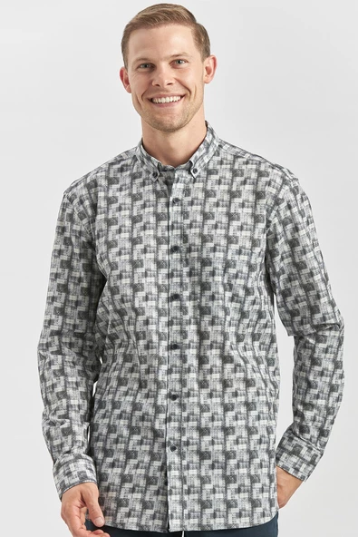 Gri Uzun Kol Kendinden Desenli BASKILI Perfectto Düğmeli Yaka Classic Comfort Fit Gömlek 1004240251 - Resim 5
