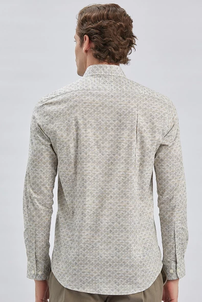 Bej Uzun Kollu Baskılı Biritli Yaka Cepsiz Pamuklu Klasik Slim Fit Dar Kesim Gömlek 1004240213 - Resim 5