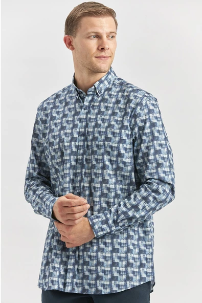 Koyu Lacivert Uzun Kol Kendinden BASKILI Perfectto Classic Comfort Fit Gömlek 1004240251 - Resim 3