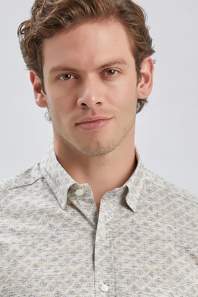 Bej Uzun Kollu Baskılı Biritli Yaka Cepsiz Pamuklu Klasik Slim Fit Dar Kesim Gömlek 1004240213 - Resim 6