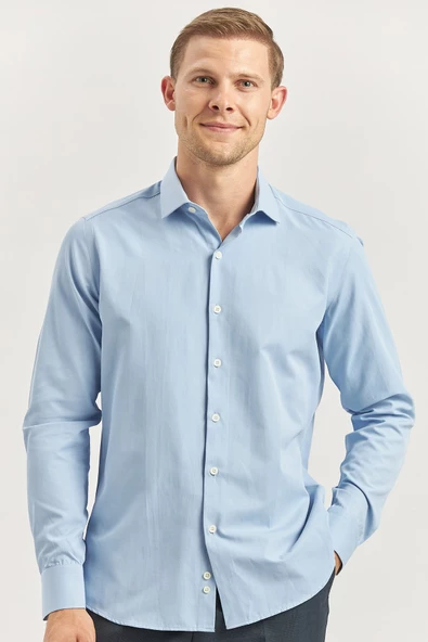 Mavi Uzun Kol Düz Bez Ayağı Yarım İtalyan Yaka Classic Slim Fit Gömlek 1004240268 - Resim 2