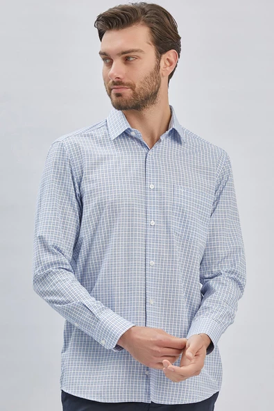 Koyu Mavi Uzun Kollu Ekoseli Cepli Pamuklu Klasik Comfort Fit Rahat Kesim Gömlek 1004240224 - Resim 2