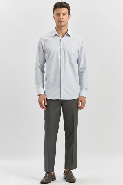 Koyu Lacivert Uzun Kol Çizgili Desen Bez Ayağı 041 Sert Yaka Classic Comfort Fit Gömlek 1004240261 - Resim 4