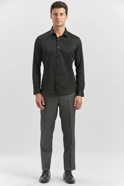 Siyah Uzun Kol Kendinden Desenli Armürlü 032 Sert Yaka Classic Slim Fit Gömlek 1004245153 - Resim 4