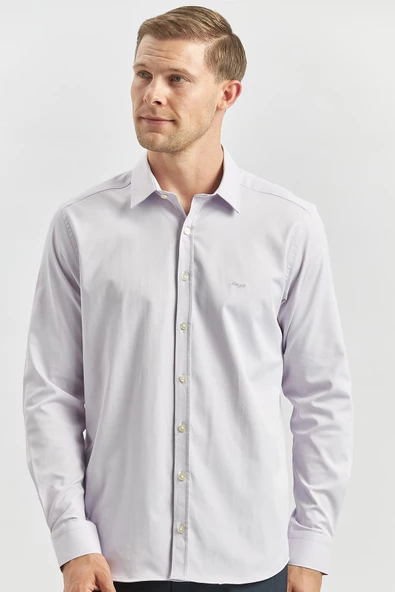 Lila Uzun Kol Düz Bez Ayağı 032 Sert Yaka Classic Slim Fit Gömlek 1004240334 - Resim 3