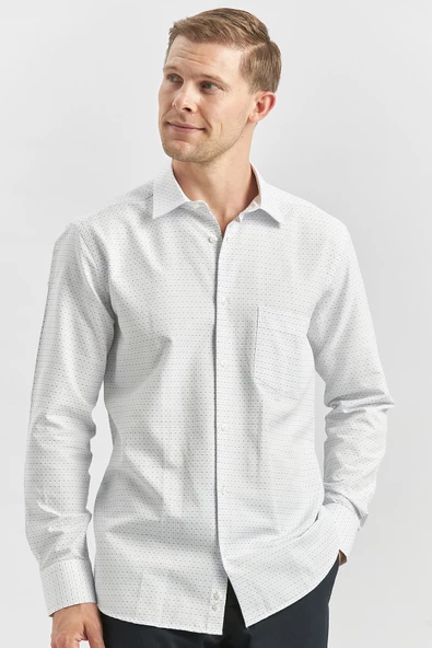 Koyu Mavi Uzun Kol Kendinden Desenli Armürlü 041 Sert Yaka Classic Comfort Fit Gömlek 1004240266 - Resim 2