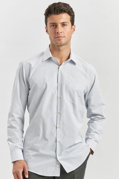 Koyu Lacivert Uzun Kol Kareli Desen Bez Ayağı 041 Sert Yaka Classic Comfort Fit Gömlek 1004240254 - 4