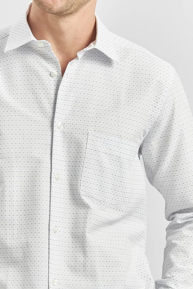 Koyu Mavi Uzun Kol Kendinden Desenli Armürlü 041 Sert Yaka Classic Comfort Fit Gömlek 1004240266 - Resim 3