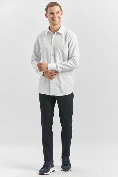 Koyu Mavi Uzun Kol Kendinden Desenli Armürlü 041 Sert Yaka Classic Comfort Fit Gömlek 1004240266 - Resim 5