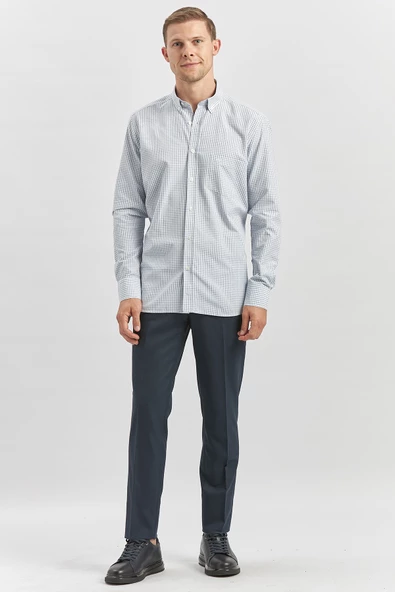 Lacivert Uzun Kol Kareli Desen Bez Ayağı Smart Düğmeli Yaka Classic Comfort Fit Gömlek 1004240262 - Resim 4