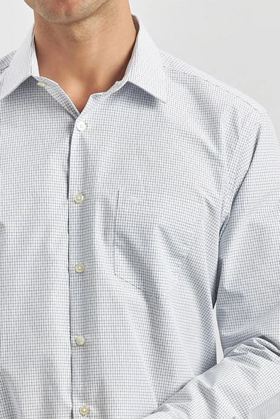 Koyu Lacivert Uzun Kol Kareli Desen Bez Ayağı 041 Sert Yaka Classic Comfort Fit Gömlek 1004240254 - 5