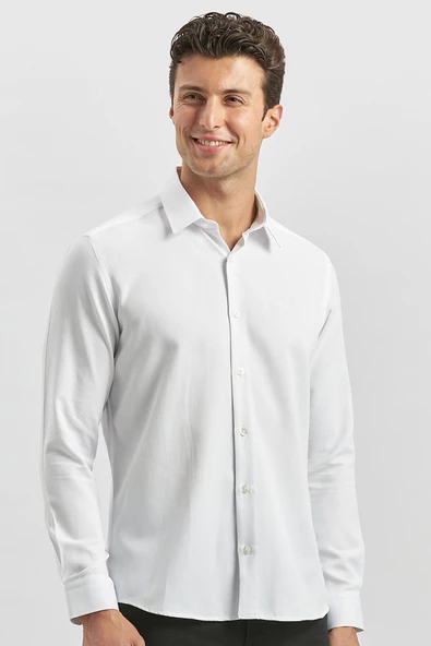 Beyaz Uzun Kol Kendinden Desenli Armürlü 032 Sert Yaka Classic Slim Fit Gömlek 1004245153 - Resim 5