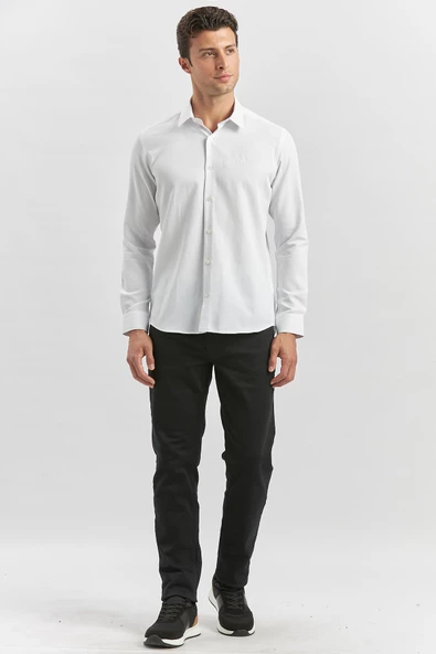 Beyaz Uzun Kol Kendinden Desenli Armürlü 032 Sert Yaka Classic Slim Fit Gömlek 1004245153 - Resim 4
