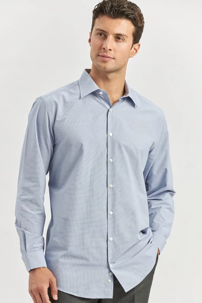 Koyu Lacivert Uzun Kol Kendinden 041 Classic Comfort Fit Gömlek 1004240256 - Resim 4