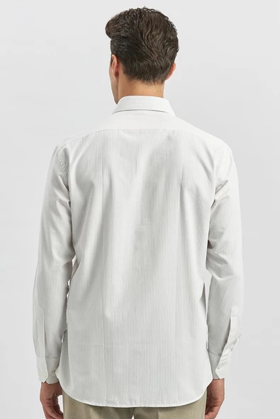 Bej Uzun Kol Çizgili Desen Bez Ayağı 041 Sert Yaka Classic Comfort Fit Gömlek 1004240263 - Resim 6