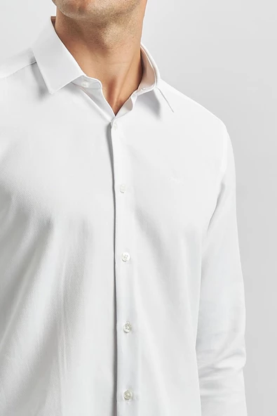 Beyaz Uzun Kol Kendinden Desenli Armürlü 032 Sert Yaka Classic Slim Fit Gömlek 1004245153 - Resim 3
