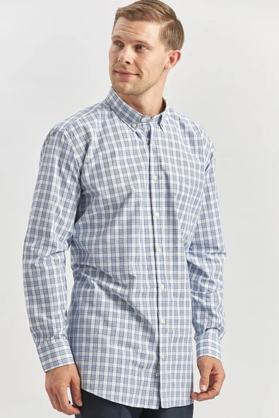 Koyu Lacivert Uzun Kol Ekose Desen Smart Classic Comfort Fit Gömlek 1004240253 - Resim 2